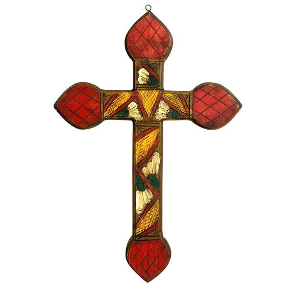 Hand Crafted Folk Art Carved Wood Painted Cross Mexico 15” x 10” - Picture 1 of 5
